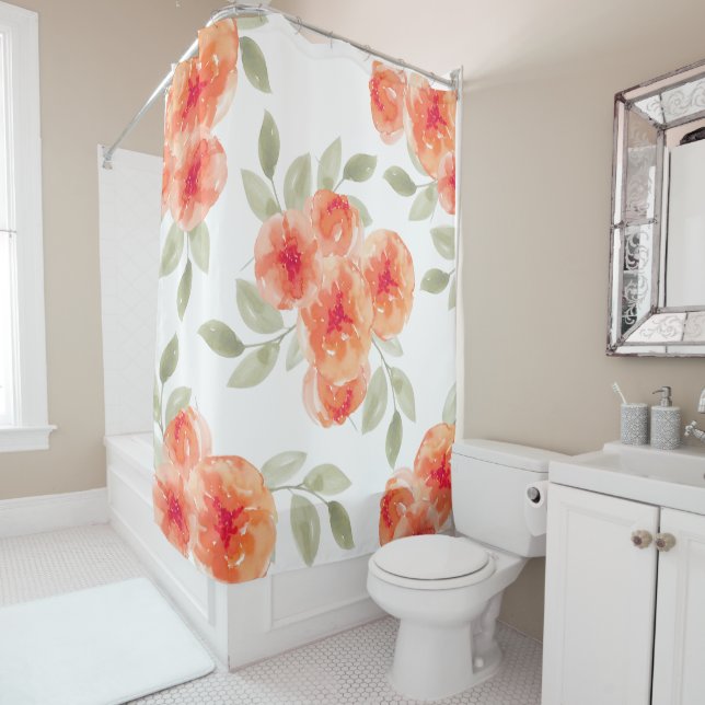 Elegante Aquarell-Pfirsich-Pfingstrosen mit Blumen Duschvorhang (Beispiel)