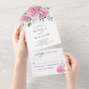 Elegante Aquarell-Rosa-Hortensien-Hochzeit All In One Einladung