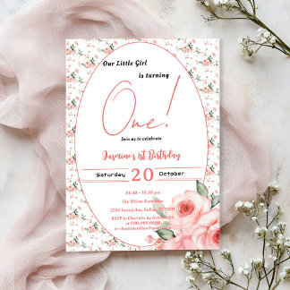 Elegante Aquarell-Rosa-Rose Mädchen 1. Geburtstag Einladung