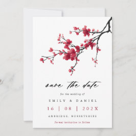 Elegante Aquarell-Rote-Kirschblüten-Hochzeit Save The Date