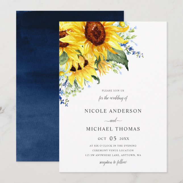Elegante Aquarell-Sonnenblume-Blumenhochzeit Einladung (Vorne/Hinten)