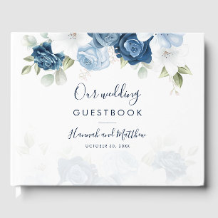 Elegante Aquarell-Staubblaue Blumige Hochzeit Gästebuch