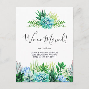 Elegante Aquarell-Sukkulenten-Uzugsankündigung Postkarte