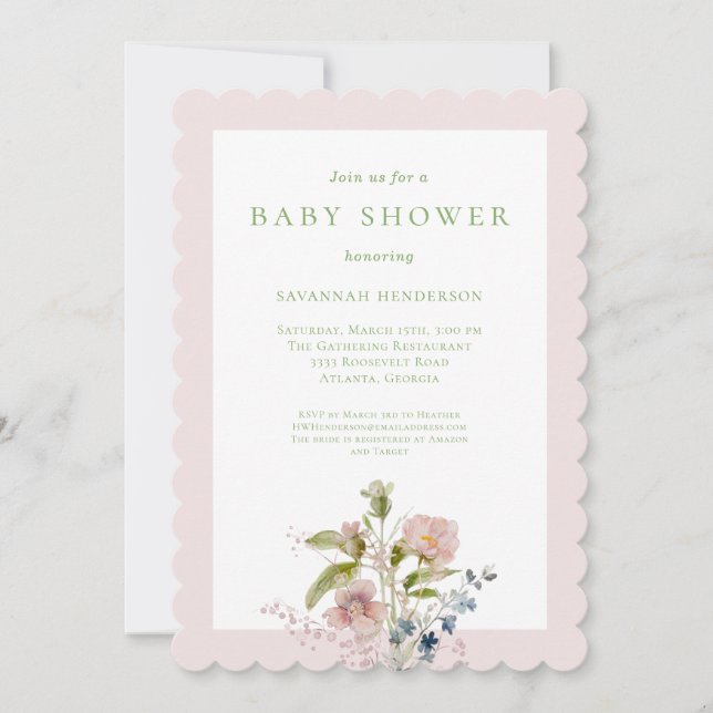 Elegante Aquarell Wildblume Rosa Kinderdusche Einladung (Vorderseite)