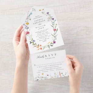 Elegante Aquarell-Wildblumen Blumenhochzeit All In One Einladung
