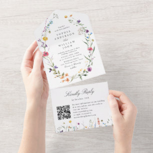 Elegante Aquarell-Wildblumen Florale Hochzeit All In One Einladung