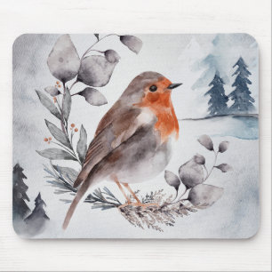 Elegante Aquarell-Winter-Amerikanische-Rotdrossel Mousepad