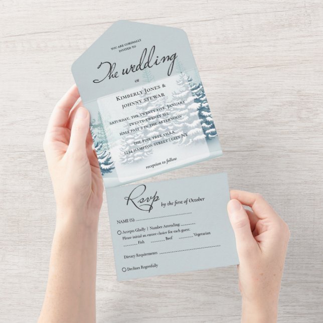 Elegante Aquarellbäume UAWG Winter Wedding All In One Einladung (Abreißtisch)