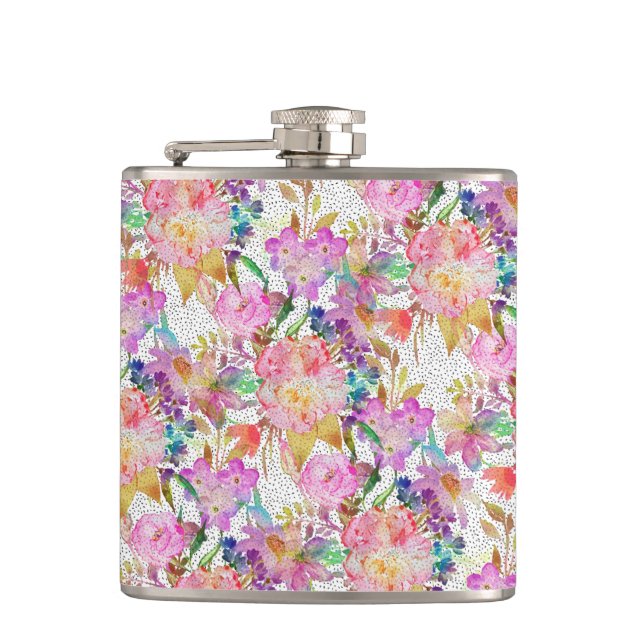 Elegante Aquarellbilder mit Blumen und gepunkteten Flachmann (Vorderseite)
