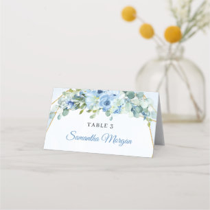 Elegante Aquarellblau blühende Vegetation und Gold Platzkarte