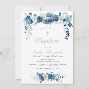 Elegante Aquarellblau-Blütentaufe Einladung