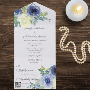 Elegante Aquarellblaue und elfenbeinfarbene Rosen  All In One Einladung