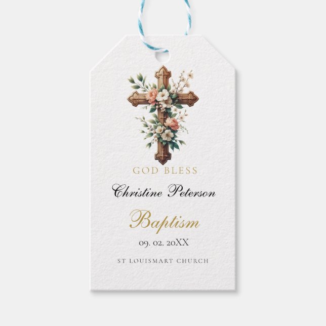 Elegante Aquarellblume Taufe Gunst Geschenkanhänger (Vorderseite)