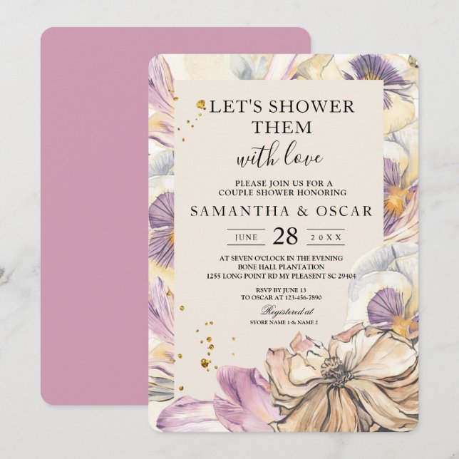 Elegante Aquarellblumen und violette Blumen Einladung (Vorne/Hinten)
