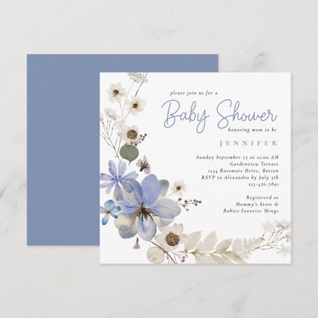 Elegante Aquarellblütendusche Blue Baby Dusche Einladung (Vorne/Hinten)