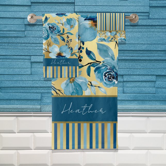 Elégante aquarelle bleu et or Floral strié (Créateur téléchargé)