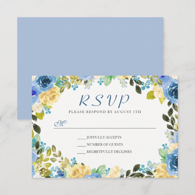 Elégante aquarelle Bleu Jaune Fleur Wreath RSVP (Devant / Derrière)