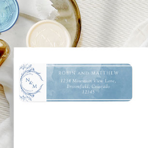Elégante aquarelle bleue, Étiquette Mariage Monogr