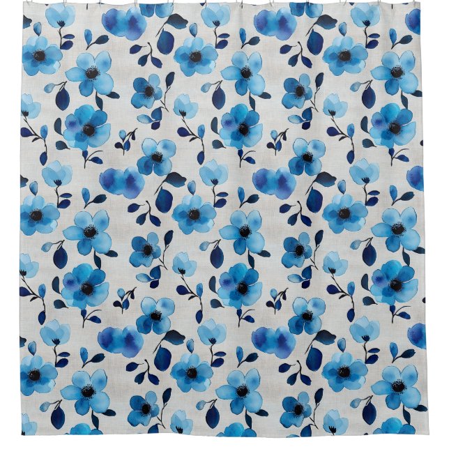 Elégante aquarelle bleue rideau de douche fleurie (Devant)