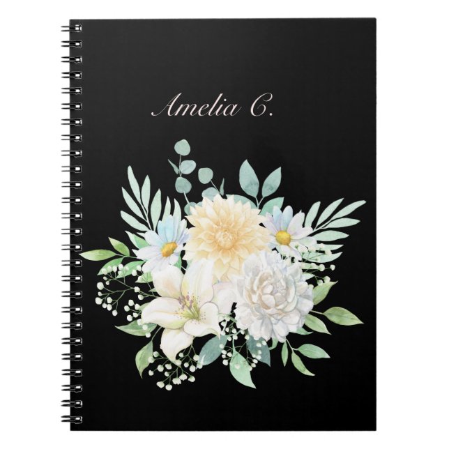 Elégante aquarelle Carnet floral noir (Devant)