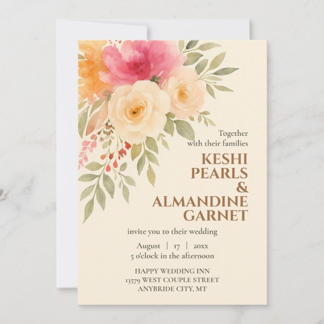 Elégante aquarelle Faire-part de mariage florale (Devant)