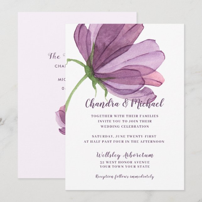 Elégante aquarelle Faire-part de mariage florale (Devant / Derrière)
