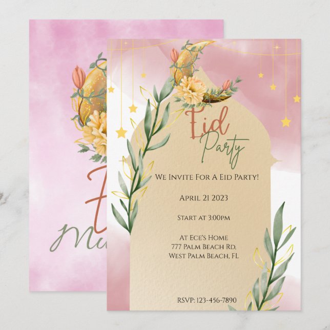 Elégante aquarelle Fête de l'Aïd Invitation de l'A (Devant / Derrière)