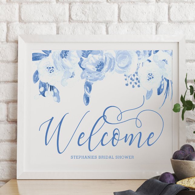 Elégante aquarelle Floral Dusty Blue Affiche de bi (Welcome Poster from my Dusty Blue Watercolor Floral Bridal Shower)