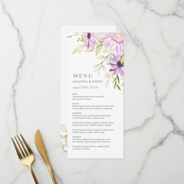 Elégante aquarelle Floral Mariage menu plat (Devant/Arrière en situation)