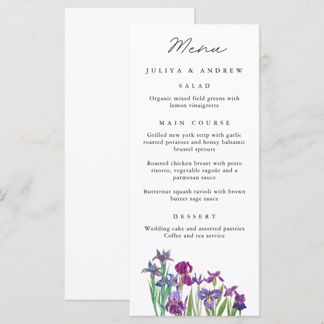 Elégante aquarelle Iris fleur Mariage Carte menu (Devant / Derrière)