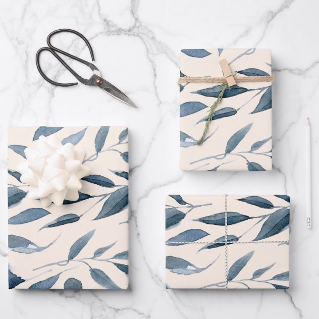 Elégante aquarelle moderne Feuille Motif bleu mari (Recto)