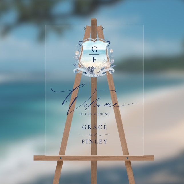 Elégante aquarelle plage Monogram Crest Mariage (Créateur téléchargé)