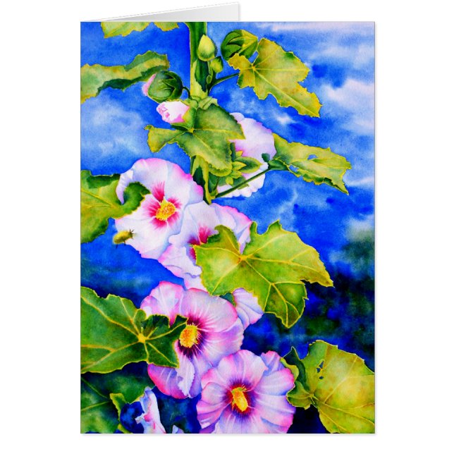 Elégante aquarelle rose fleurs florales Hollyhocks (Devant)