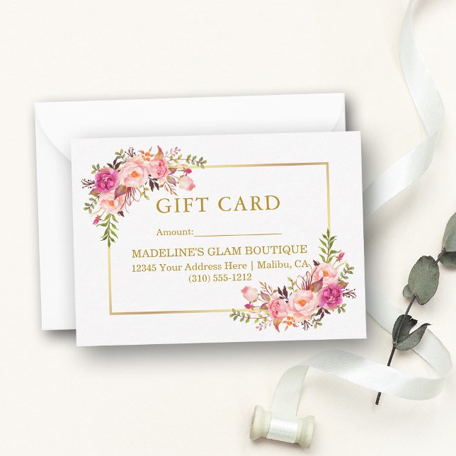 Elégante Aquarelle rose Floral Gold Carte cadeau (Customize to change text size, style, color or to add text to back of card.)