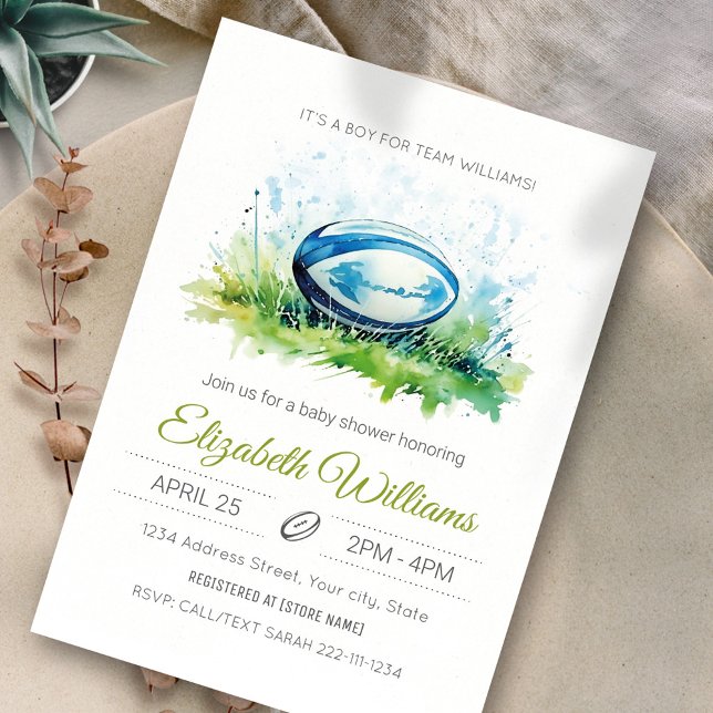 Elégante aquarelle rugby Baby shower Invitation (Créateur téléchargé)
