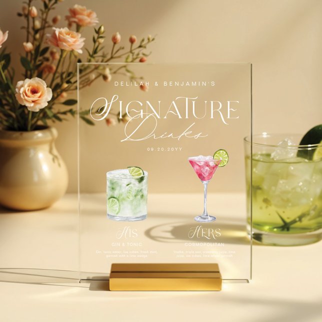 Elégante aquarelle Sa signature Boisson Mariage (Elegant Watercolor His Her Signature Drink Wedding Acrylic Sign)