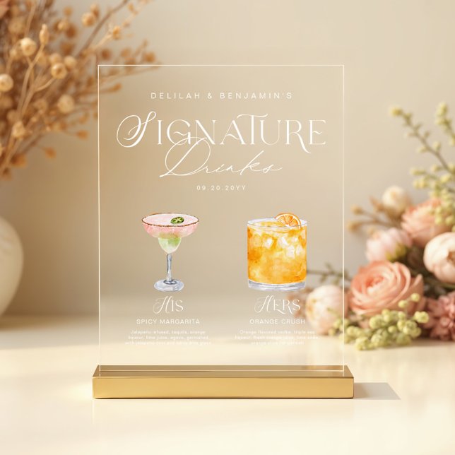 Elégante aquarelle Sa signature Boisson Mariage (Elegant Watercolor His Her Signature Drink Wedding Acrylic Sign)