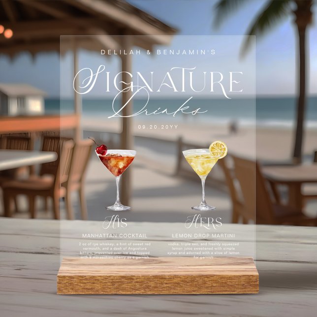 Elégante aquarelle Sa signature Boisson Mariage (Elegant Watercolor His Her Signature Drink Wedding Acrylic Sign)