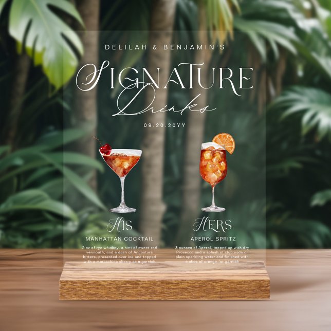 Elégante aquarelle Sa signature Boisson Mariage (Elegant Watercolor His Her Signature Drink Wedding Acrylic Sign)
