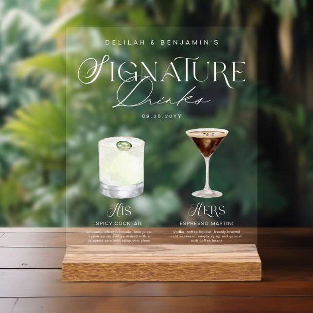 Elégante aquarelle Sa signature Boisson Mariage (Elegant Watercolor His Her Signature Drink Wedding Acrylic Sign)