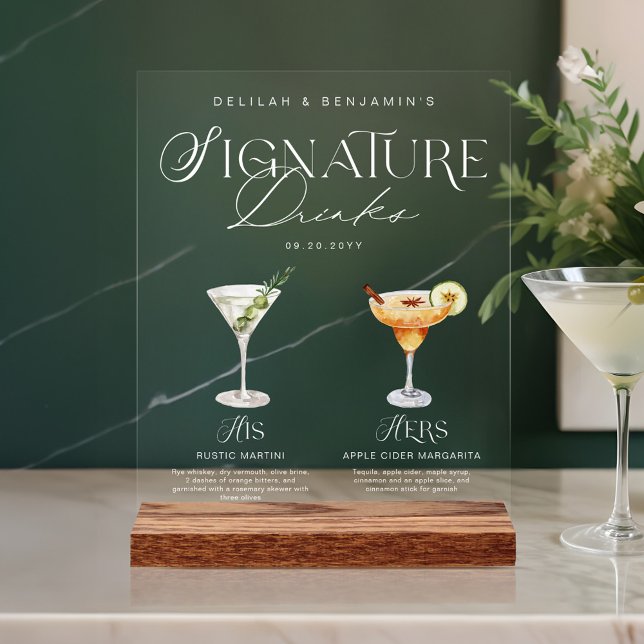 Elégante aquarelle Sa signature Boisson Mariage (Elegant Watercolor His Her Signature Drink Wedding Acrylic Sign)