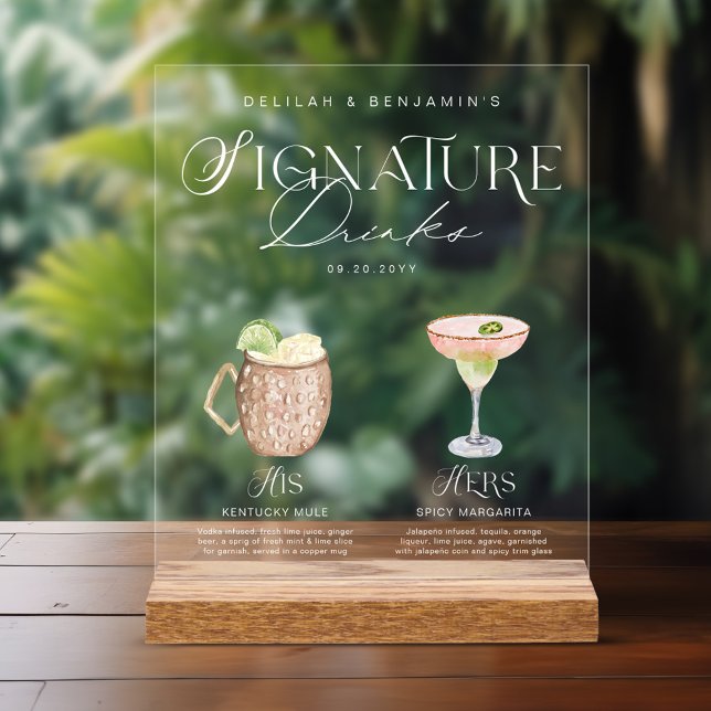 Elégante aquarelle Sa signature Boisson Mariage (Elegant Watercolor His Her Signature Drink Wedding Acrylic Sign)