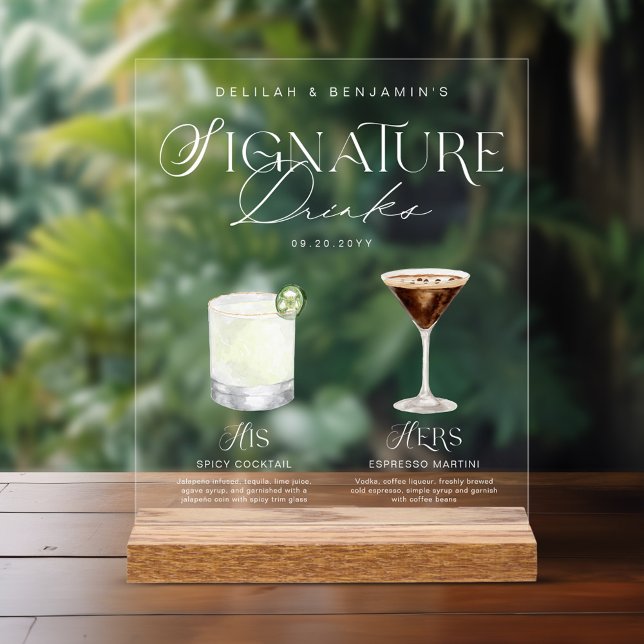 Elégante aquarelle Sa signature Boisson Mariage (Elegant Watercolor His Her Signature Drink Wedding Acrylic Sign)