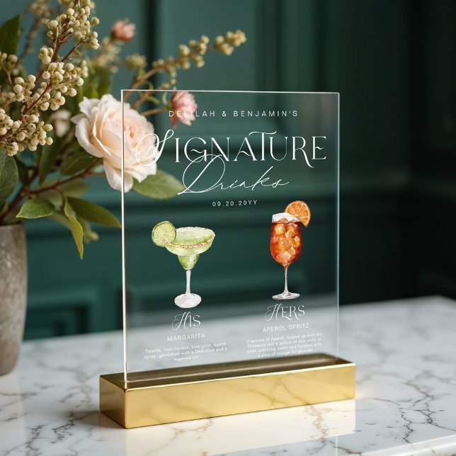 Elégante aquarelle Sa signature Boisson Mariage (Elegant Watercolor His Her Signature Drink Wedding Acrylic Sign)