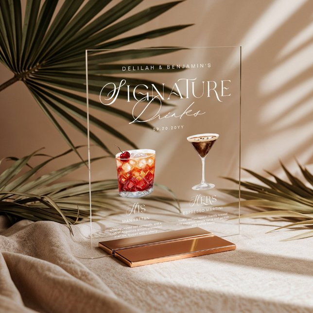 Elégante aquarelle Sa signature Boisson Mariage (Elegant Watercolor His Her Signature Drink Wedding Acrylic Sign)