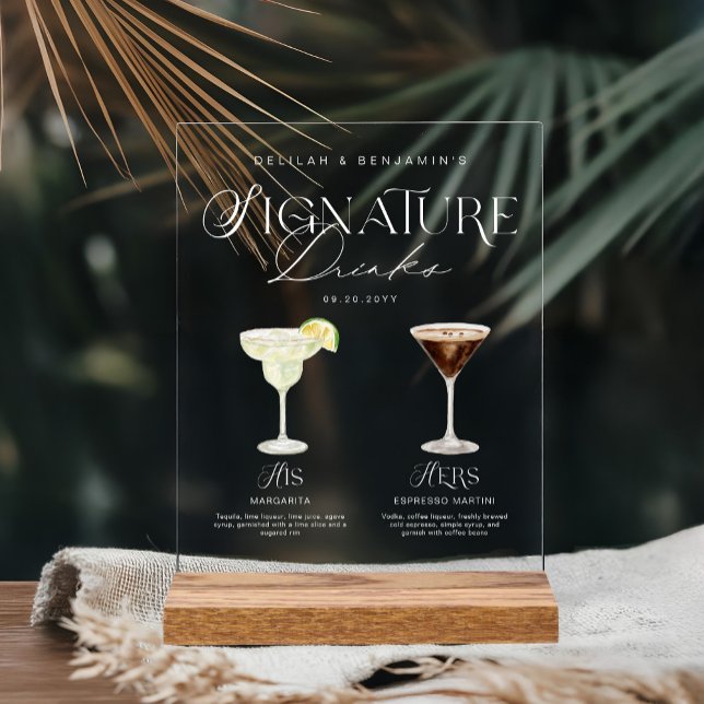 Elégante aquarelle Sa signature Boisson Mariage (Elegant Watercolor His Her Signature Drink Wedding Acrylic Sign)