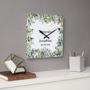 Elégante aquarelle Verdure Mariage Horloge murale