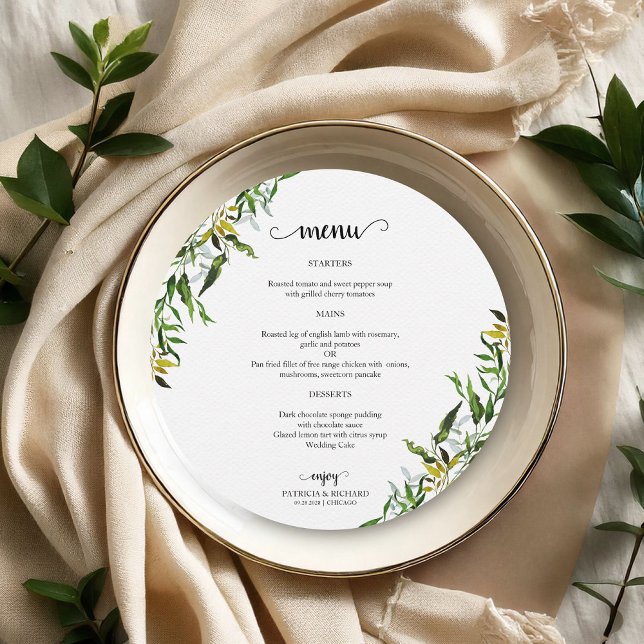 Elégante aquarelle verdure Mariage Menu Rond (Créateur téléchargé)