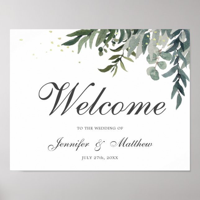 Elégante aquarelle verte Accueil Poster Mariage (Devant)