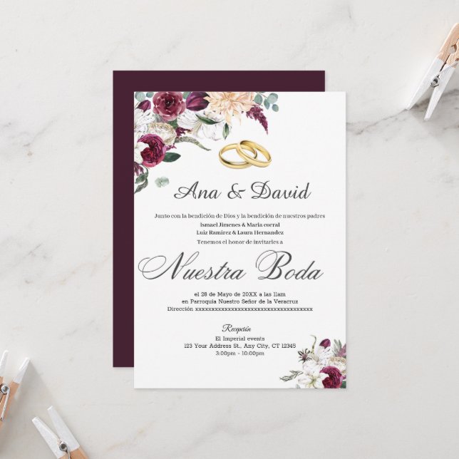 Elégante Aquarelle Vin Faire-part de mariage Flora (Devant/Arrière en situation)